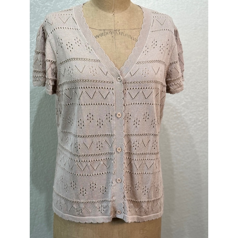 Grace Karin Womens Tan Short Sleeve Pointelle Knit Button Up Cardigan Size L